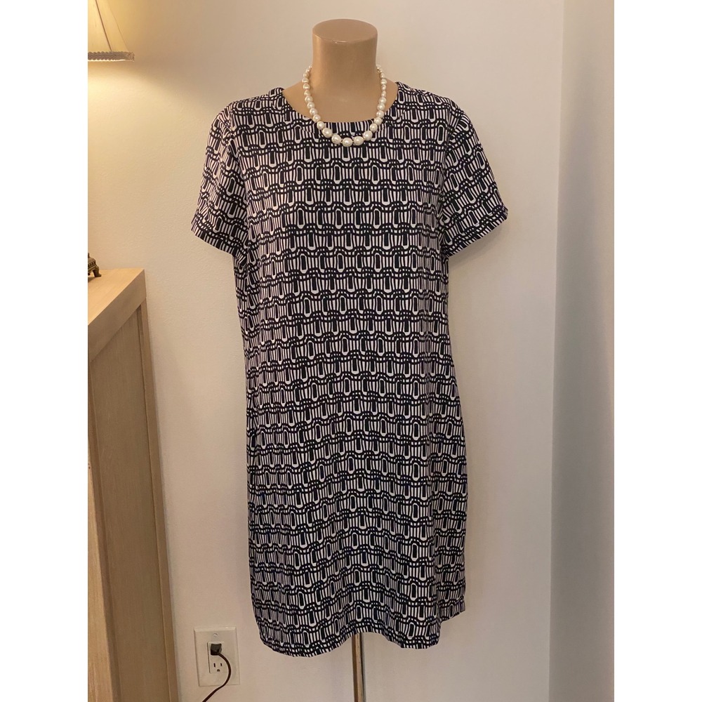 Adrienne Vittadini Navy White Geometric Shift Dress Short Sleeve Size 12